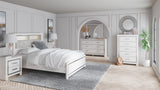 Altyra White Upholstered LED Bookcase Panel Bedroom Set