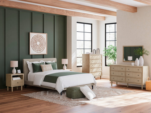 Cielden Soft Gray/Tan Upholstered Platform Bedroom Set