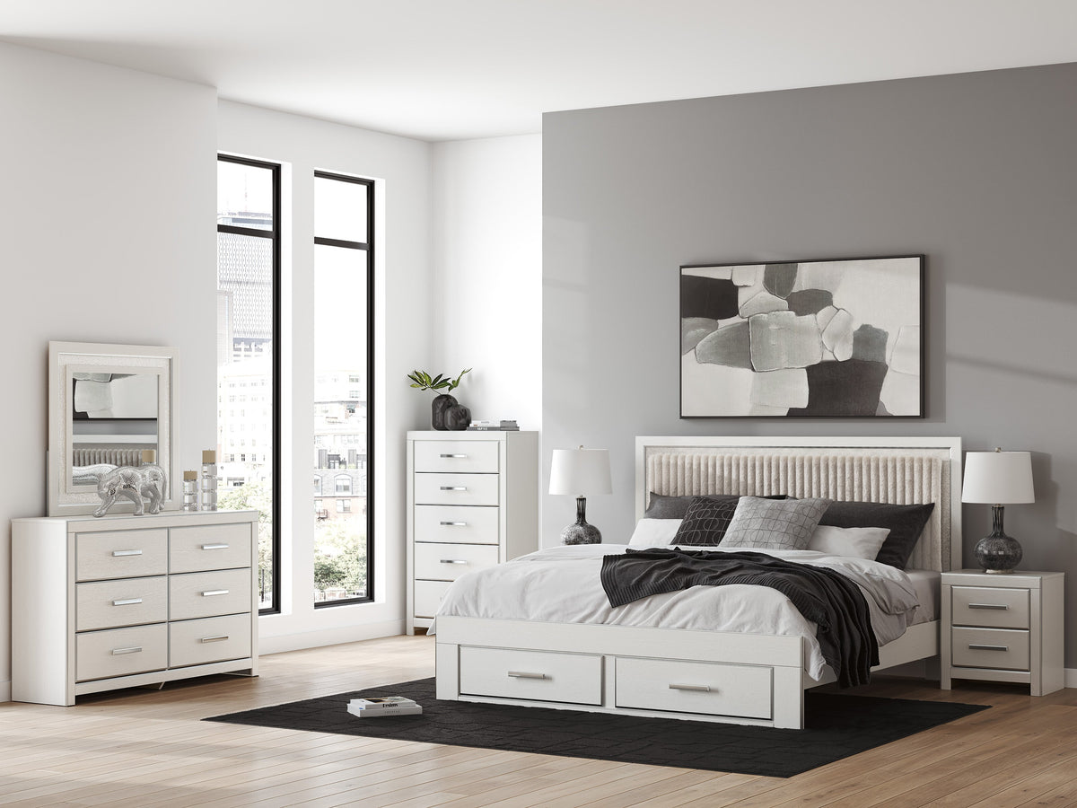 Zuraleus White Upholstered Storage Panel Bedroom Set with 2 Footboard Drawers