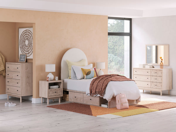 Arloster Tan/White Upholstered Storage Platform Youth Bedroom Set wit 2 One-Side Drawers