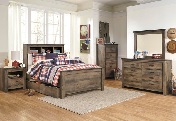 Trinell Brown Youth Bookcase Storage Platform Bedroom Set with with 1 Large Drawers