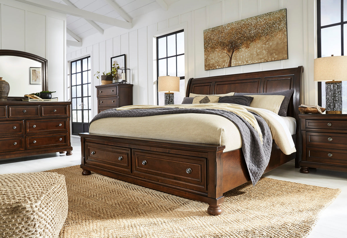 Porter Rustic Brown Sleigh Storage Platform Bedroom Set with 2 Footboard Drawers