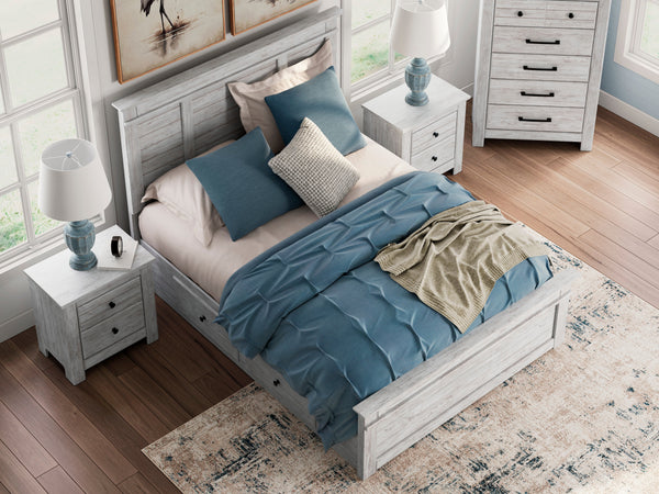 Makidern Whitewash Storage Panel Bedroom Set with 4 Side Drawers