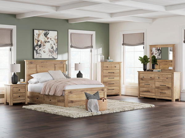 Makidern Tan Panel Storage Bedroom Set with 4 Side Drawers