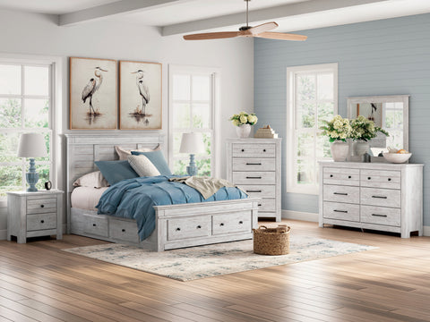 Makidern Whitewash Storage Panel Bedroom Set with 6 Drawers