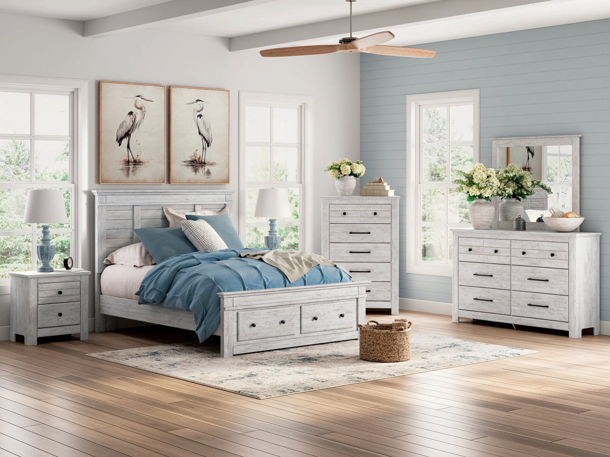 Makidern Whitewash Storage Panel Bedroom Set with 2 Footboard Drawers