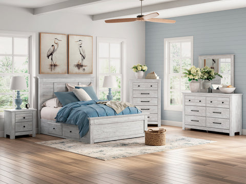 Makidern Whitewash Storage Youth Panel Bedroom Set with 2 One-Side Drawers