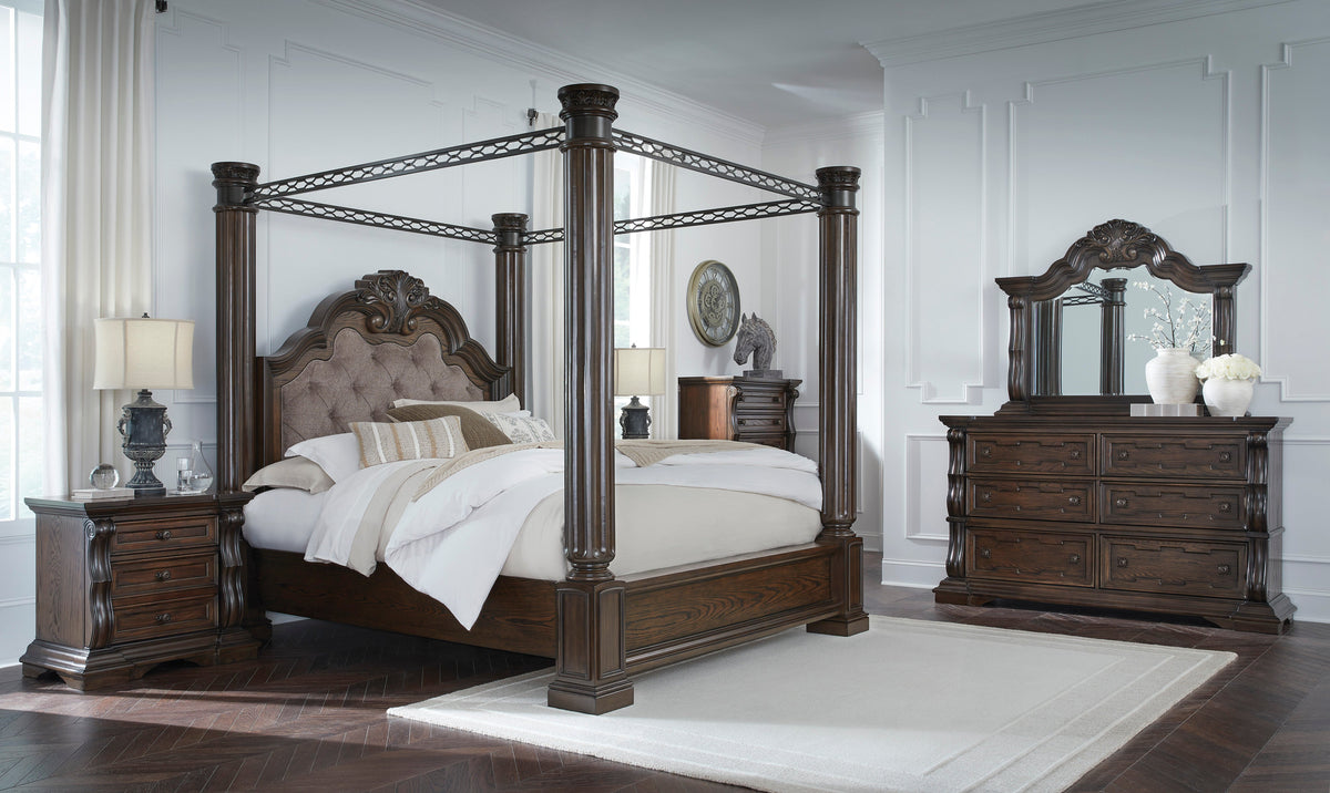 Maylee Dark Brown Upholstered Canopy Bedroom Set