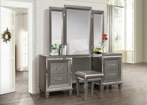Tamsin Metallic Silver/Gray Vanity Set with Stool - Olivia Furniture