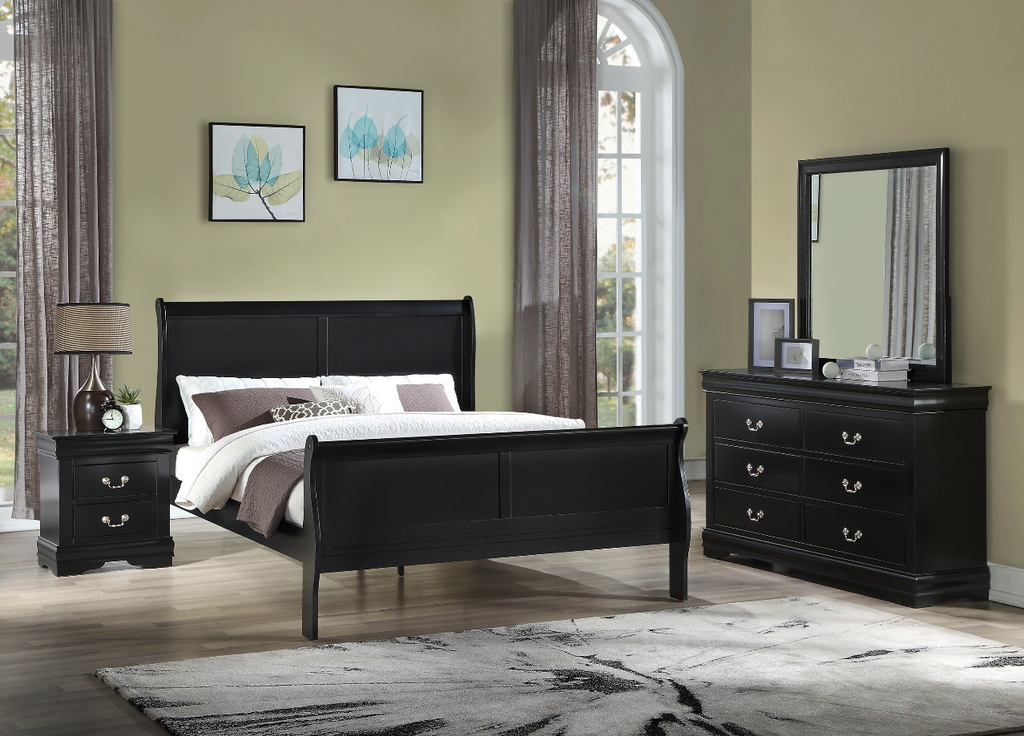 Glory Furniture Louis Phillipe Black Full 2pc Bedroom Set with Three Drawer  Nightstand