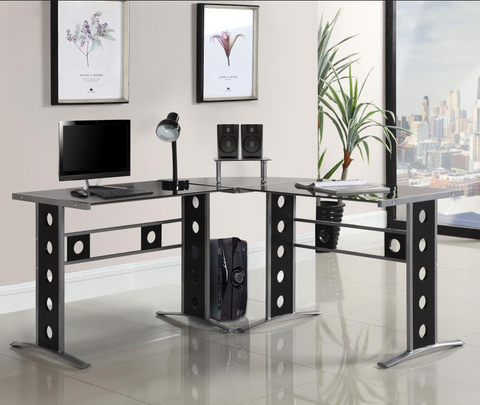Keizer 3-piece L-shape Office Desk Set Black and Silver