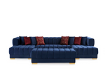Ariana Blue Velvet Double Chaise Sectional w/ Red Pillows